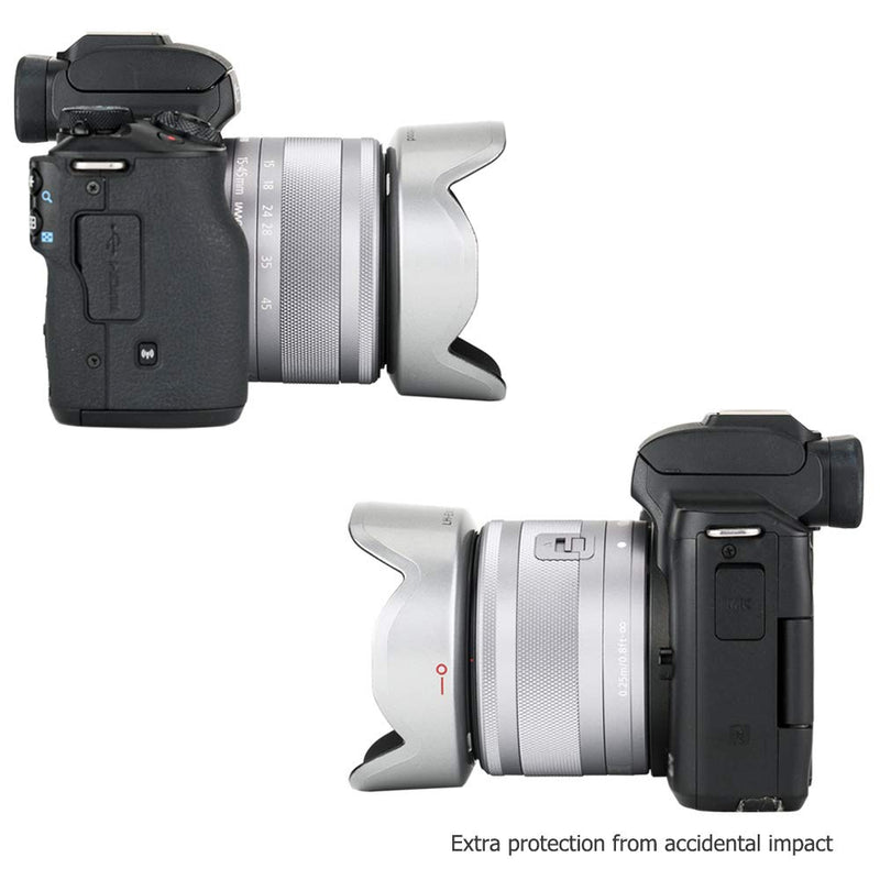 JJC Lens Hood Shade for Canon EF-M 15-45mm f/3.5-6.3 is STM Lens on Canon EOS M50 Mark II M50 M5 M6 Mark II M200 M100 M10 Replace Canon EW-53 Hood -Silver Silver