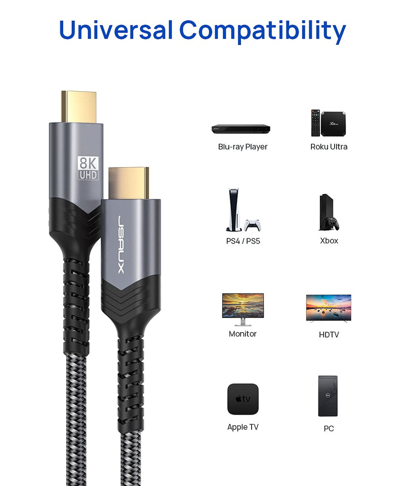 8K Certified HDMI Cable 10FT, JSAUX 8K HDMI Cord (8K@60Hz 7680x4320, 4K@120Hz), Supports 48Gbps eARC HDR10 HDCP 2.2 & 2.3 3D, Compatible with PS5, PS4, X-Box Series X, LG/Samsung QLED TV Grey