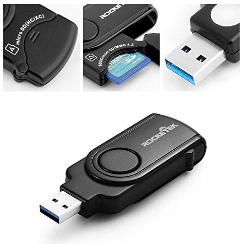Rocketek RT-CR3A 11 In 1 USB 3.0 Memory Card Reader/Writer with A Build-in Card Cover and 2 Slots (SD Card + Micro SD Card) for SDXC, Uhs-I SD, SDHC, SD, Micro SDXC, Micro SDHC, Micro SD, MMC Memory Cards USB 3.0 card reader