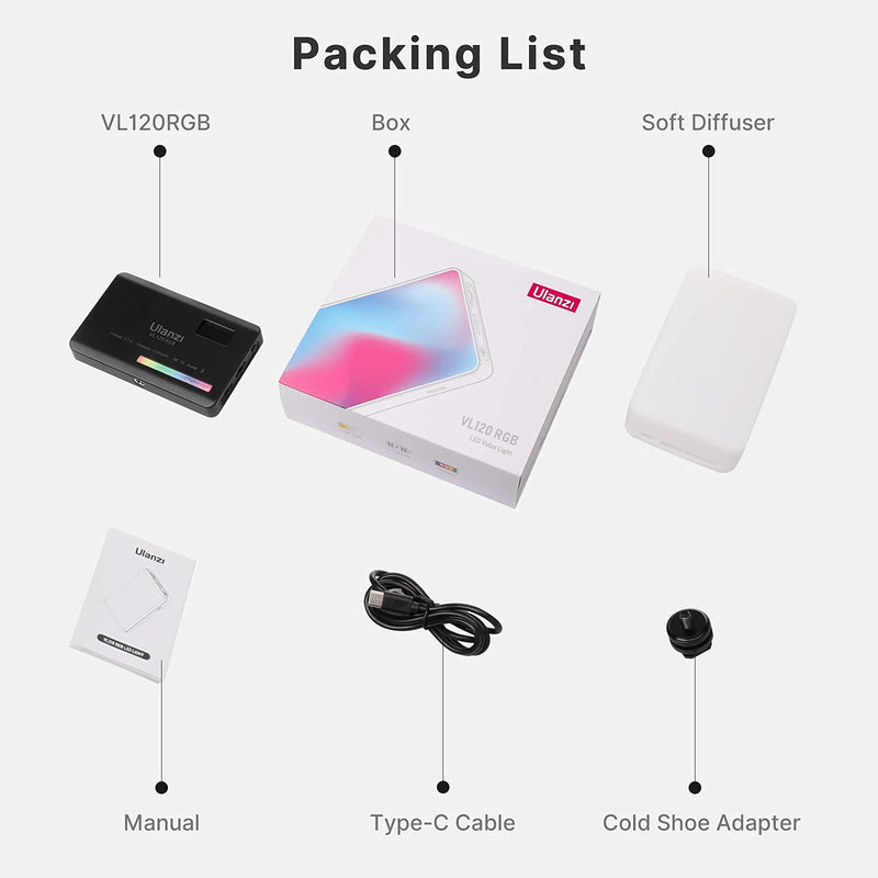 ULANZI VL120 RGB Video Light, Pocket LED On-Camera Video Lights, Built-in 3100mAh Rechargeable Battery, 360 Full Color 20 Light Effects, CRI≥95 2500-9000K LED Panels for Photography Vlogging black