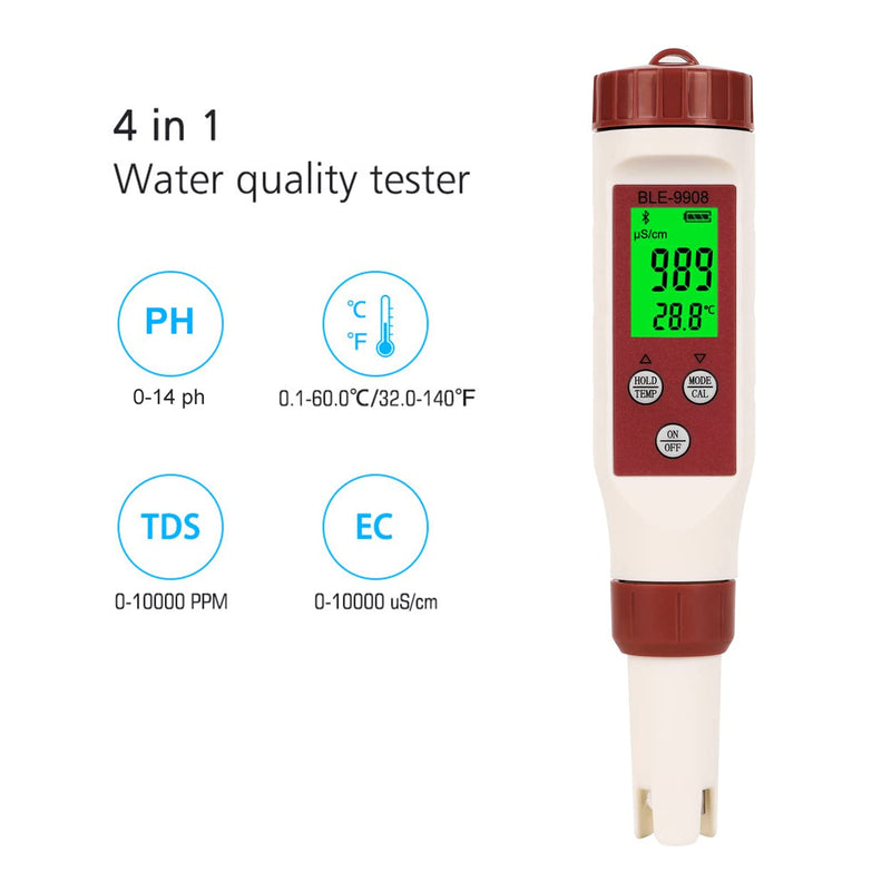 Professional Multifunctional 4 in 1 Bluetooth TDS PH Meter Digital Water Tester, YINMIK PH/TDS/EC/Temperature Meter 4 in 1, Water Quality Monitor Tester Kit for Drinking Water, Hydroponic, Aquariums