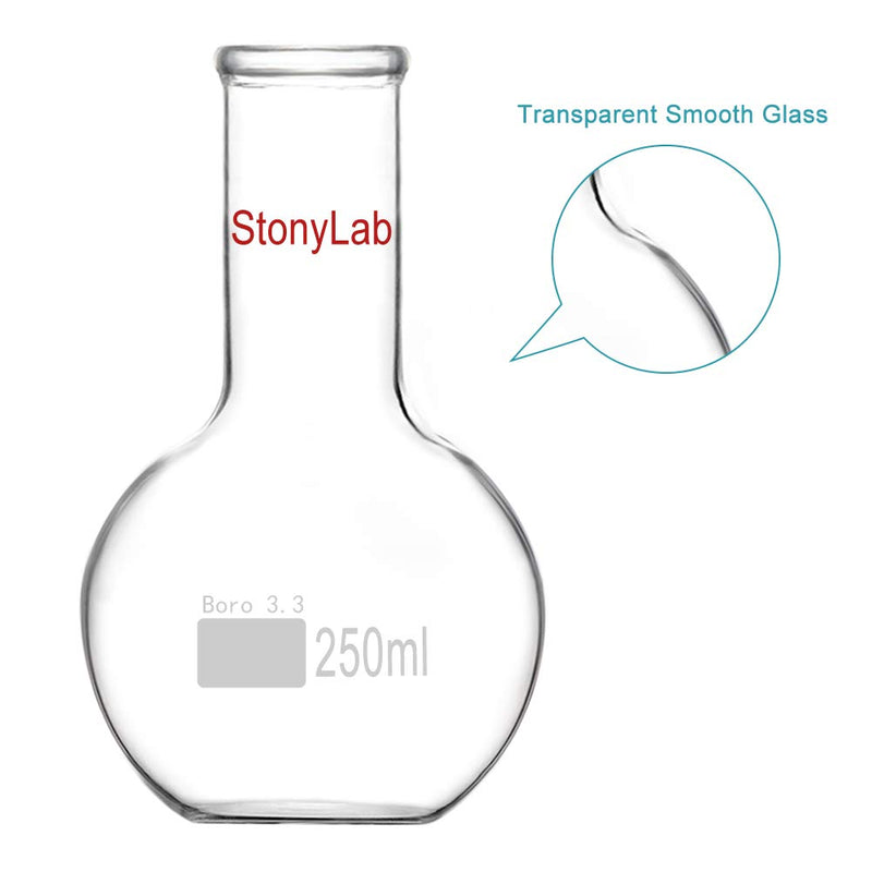 StonyLab Glass 250ml Long Neck Flat Bottom Flask, Borosilicate Glass Heavy Wall Flat Bottom Boiling Flask with Long Neck, 250ml 250 ml