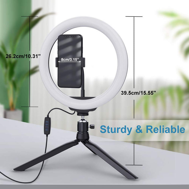 MoKo 10" Selfie Ring Light with Tripod Stand Phone Holder for Live Stream/Makeup/Vlogging, Desktop Led Dimmable Camera Ringlight for TikTok/YouTube Video/Photography Compatible with iPhone Android