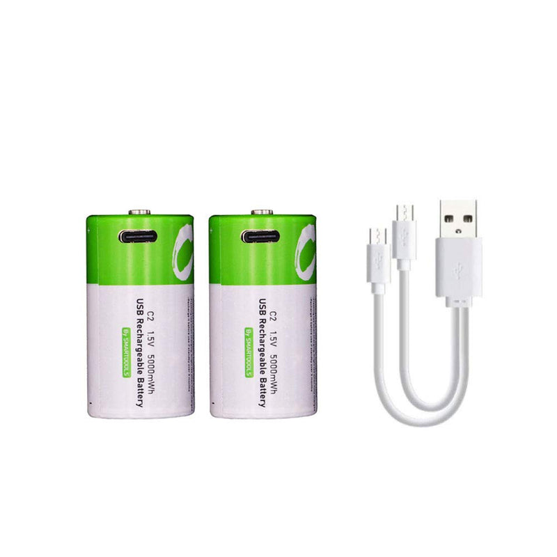 USB C Lithium ion Rechargeable Battery, High Capacity 1.5V 5000mWh Rechargeable C Battery, 2.5 H Fast Charge, 1200 Cycle with Type C Port Cable, Constant Output,2-Pack 2* C battery