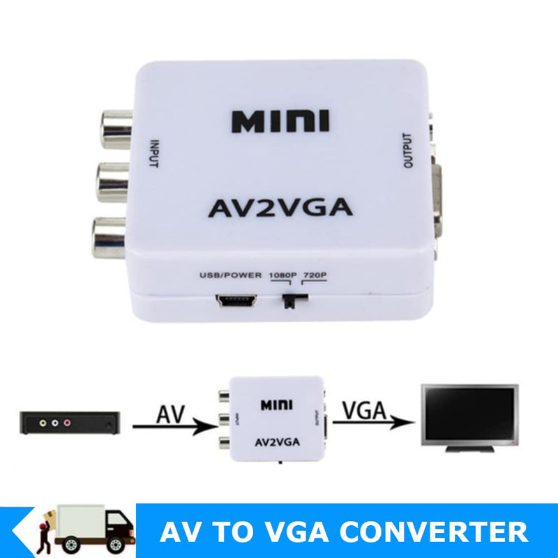 Mini VGA to Video Converter, Composite AV to VGA Adapter, TV SetTop Box Audio Video Converter (White) White