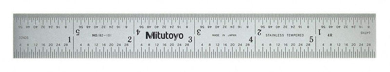 Mitutoyo 182-101, Steel Rule, 6" (4R), (1/8, 1/16, 1/32, 1/64"), 3/64" Thick X 3/4" Wide, Satin Chrome Finish Tempered Stainless Steel