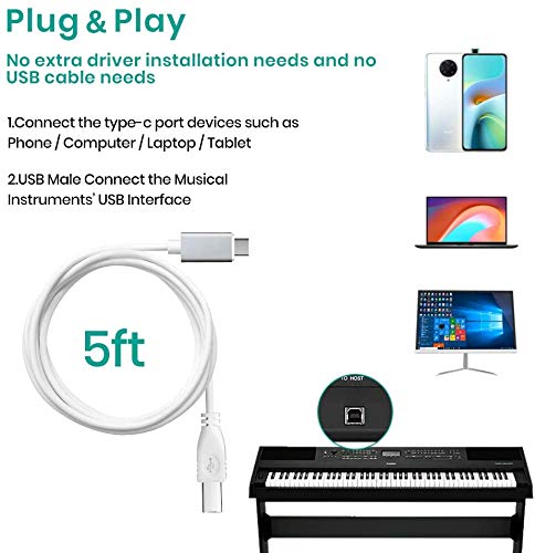MeloAudio 5ft USB C to USB B 2.0 MIDI Cable, Type C to USB MIDI Cable for Samsung Huawei Laptop to Midi Controller, Midi Keyboard, Audio Interface, Electronic Music Instrument