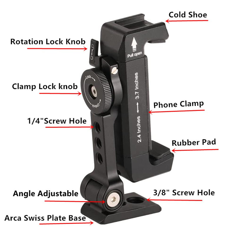 Metal Phone Tripod Mount with Cold Shoe, 360 Rotated and Tilt Angles Version, Compatible with iPhone Tripod Mount,Samsung Smartphone Clip Adapter, Cell Phone Clamp Holder,Video Rig Mount Upgraded version