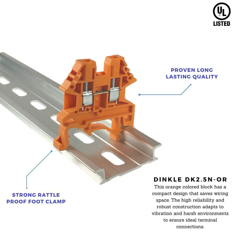 [AUSTRALIA] - Dinkle Orange DK2.5N-OR DIN Rail Terminal Block Screw Type UL 600V 20A 12-22AWG, Pack of 50 