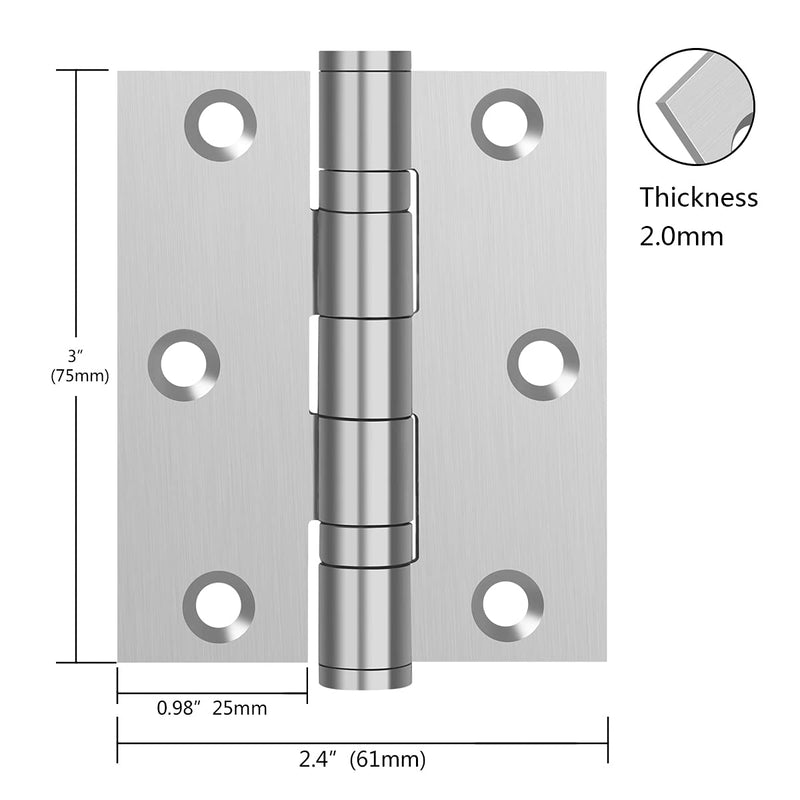Hommyzone Commercial and Residential 3‘’x 2.4‘’ 304 Stainless Steel Door Hinges,3 Inch Ball Bearing Hinge with Square Corners (Silver)-Pack of 2