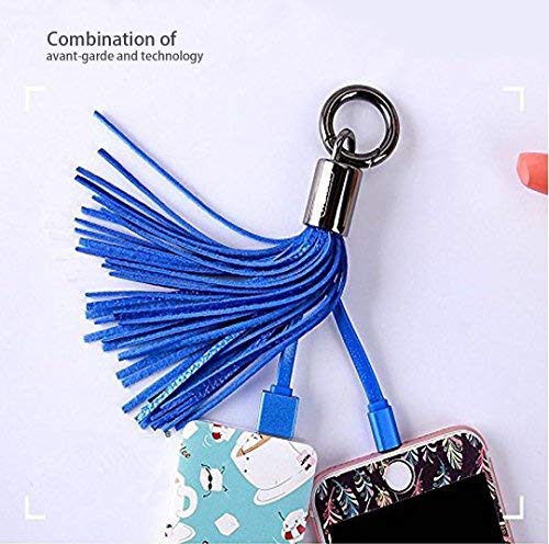 Lightning to USB Keychain Cable Leather Tassel with 7-Inch 2.4 Amp Lightning ChargeSync Cable for iPhone, iPad (Black Blue) L-Blue Black