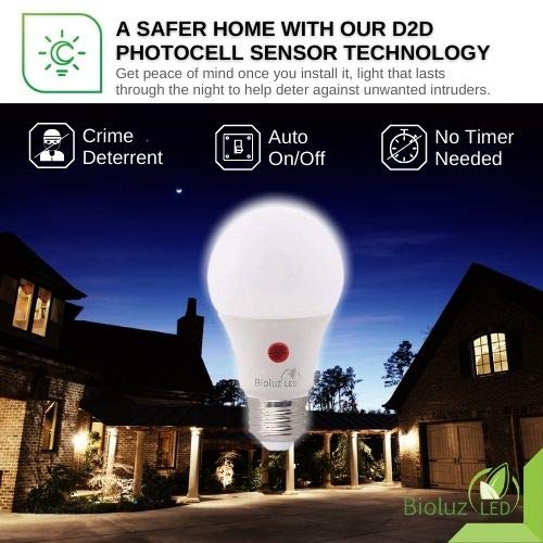 Bioluz LED Dusk to Dawn A19 Bulb Photocell Photosensor Auto On/Off, 9W, UL, Instant ON and 3 Min Delay Off, 3000K Soft White, Indoor/Outdoor Lighting Lamp Garage, Hallway, Yard, Porch