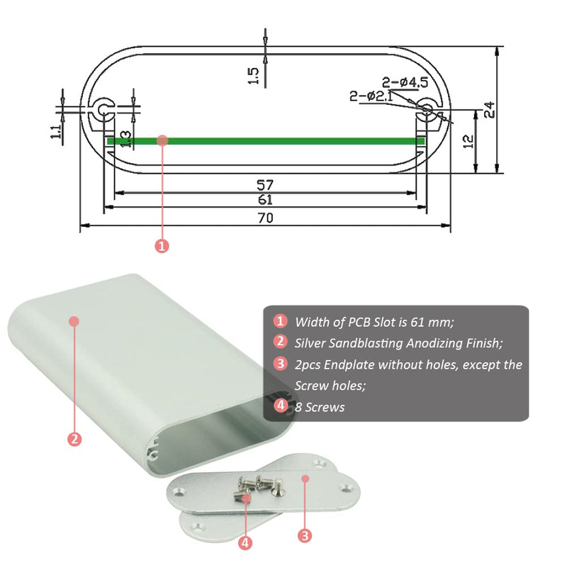 UHZBTEC Small Size Handheld Oval Shape Aluminum Extruded Enclosure Box for Electronics Silver 4.33 x 2.75 x 0.74 inch ( L x W x H ) U-AEE7024:110x70x24mm