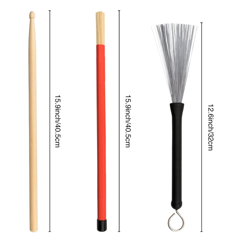 Drum Sticks 1 Pair 5A Maple Wood Drum Sticks,1 Pair Retractable Drum Wire Brushes and 1 Pair Rods Drum Brushes set for Kids, Adults, Rock Band, Jazz Folk Students with Portable Storage Bag