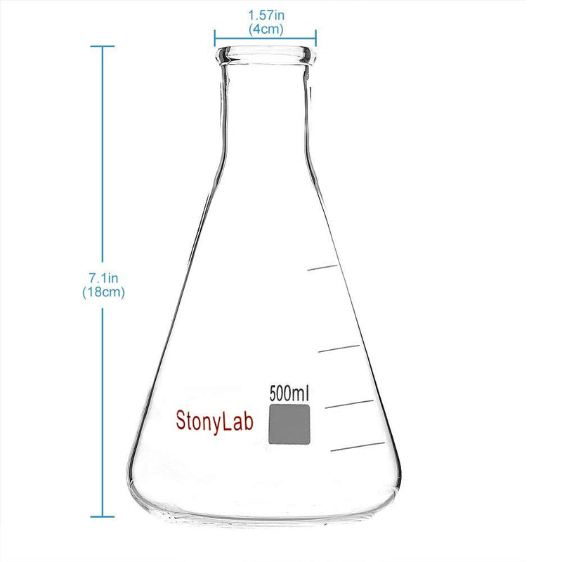 stonylab 2-Pack Glass 500ml Heavy Wall Narrow Mouth Erlenmeyer Flasks with Heavy Duty Rim (500ml Fits with stonylab 7# Rubber Stopper) 500 ml