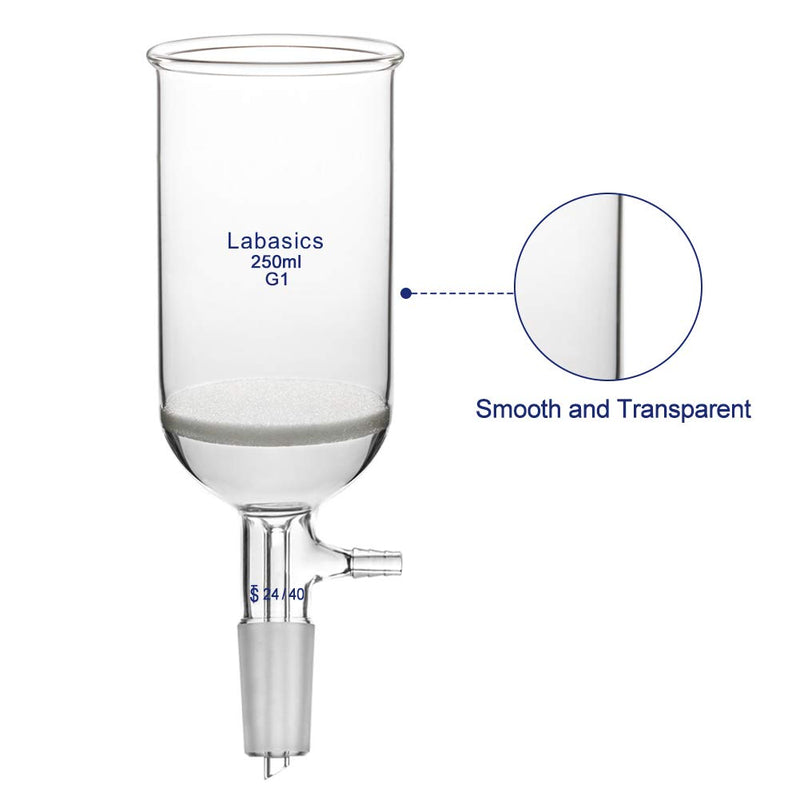 Labasics Borosilicate Glass Buchner Filtering Funnel with Coarse Frit (G1), 65mm Inner Diameter, 100mm Depth, with 24/40 Standard Taper Inner Joint and Vacuum Serrated Tubulation (250ml) 250 ml