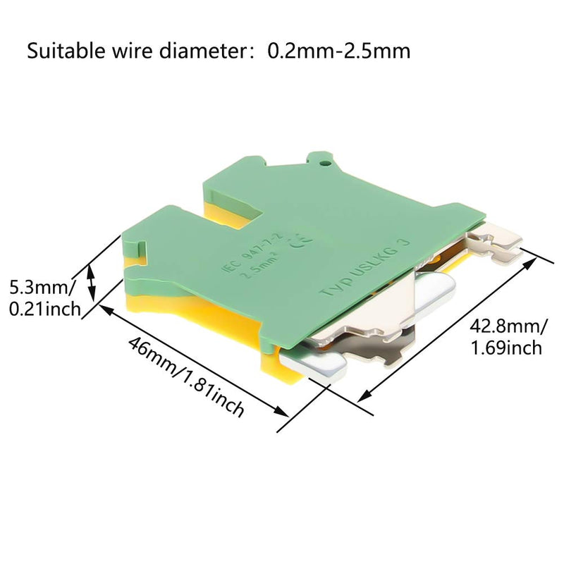 Fielect 10Pcs 0.2-2.5mm2 USLKG3 DIN Rail Mount Grounding Terminal Block DIN Rail Terminal Blocks Screw Clamp Connector DIN Rail Mount Kit, 800V 34A, Yellow-Green
