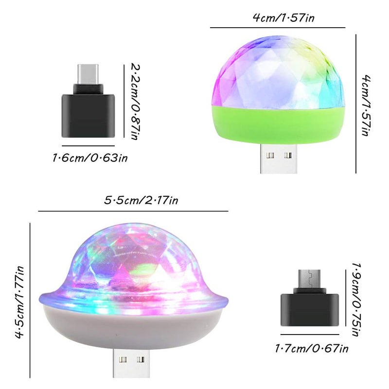 AFUNTA 2pcs USB Lights Mini Disco Balls with Type C to USB and Micro to USB Adapter, LED Small Magic Ball Colorful Light for Party/Birthday/Club/Karaoke Decoration, Compatible Smart Phones