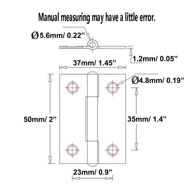 Adiyer 10pcs 304 Stainless Steel 2-inch Folding Butt Hinges Home Furniture Hardware Door Hinges for Case Lid Wooden Jewelry Box Lid (50mm x 37mm x 1.2mm) 50x37x1.2mm w Screws