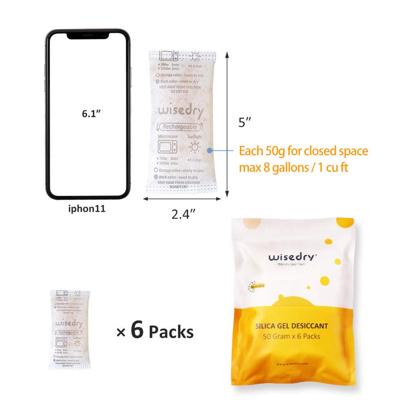 wisedry 50 Gram [6PACKS] Rechargeable Silica Gel Desiccant Packets Fast Reactivate Desiccant Bags Orange to Green indicating for Air Dryer Food Grade