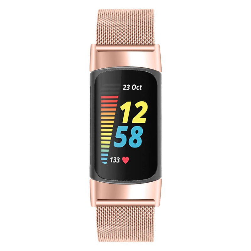 Chofit Metal Watch Bands Compatible for Fitbit Charge 5,Adjustable Stainless Steel Mesh Strap Wristband for Fitbit Charge 5 Women Men (Rose Gold) Rose Gold