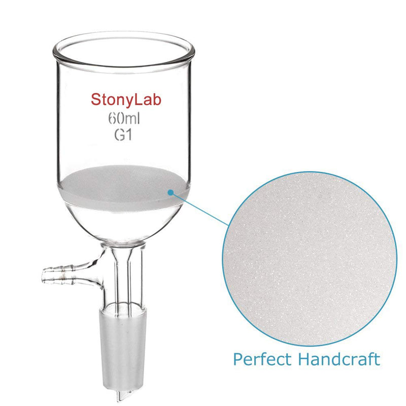 StonyLab Borosilicate Glass Buchner Filtering Funnel with Coarse Frit(G1), 46mm Inner-Diameter, 60mm Depth, with 24/40 Standard Taper Inner Joint and Vacuum Serrated Tubulation (60ml) 60 mL