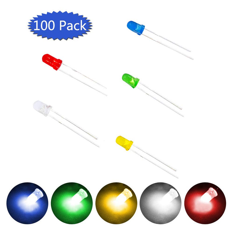 JABINCO 100pcs 3mm LED Light Diodes, Red/Green/Yellow/Blue/White LED Circuit Assorted Kit for Science Project Experiment