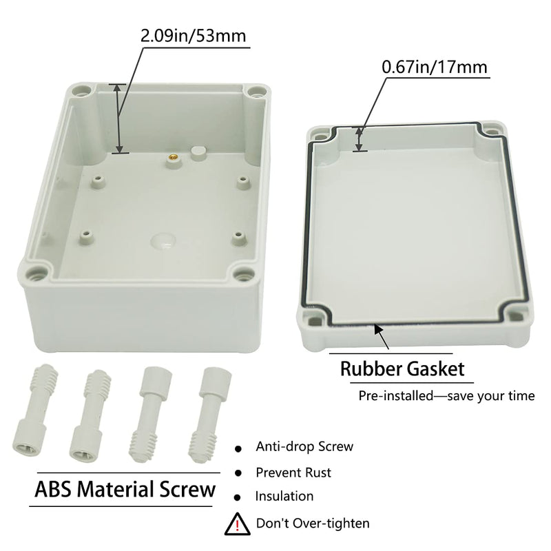Zulkit Junction Box ABS Plastic Dustproof Waterproof IP67 Junction Boxes Universal Electrical Project Enclosure Durable DIY Electronic Project Box Grey 6.89 x 4.92 x 2.95 inch (175 x 125 x 75 mm) 6.89" x 4.92" x 2.95"
