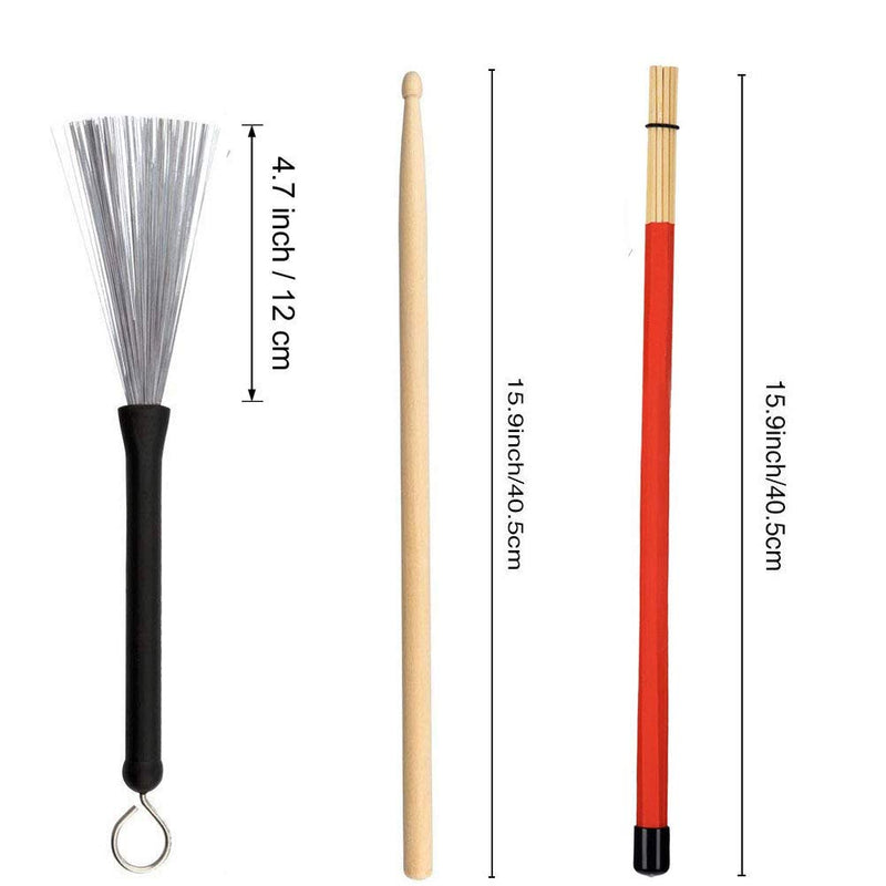 Drum Sticks Set, Oneup 1 Pair 5A Maple Wood Drum Sticks 1 Pair Drum Wire Brushes Retractable Drum Stick Brush and 1 Pair Rods Drum Sticks with Storage Bag for Jazz, Folk