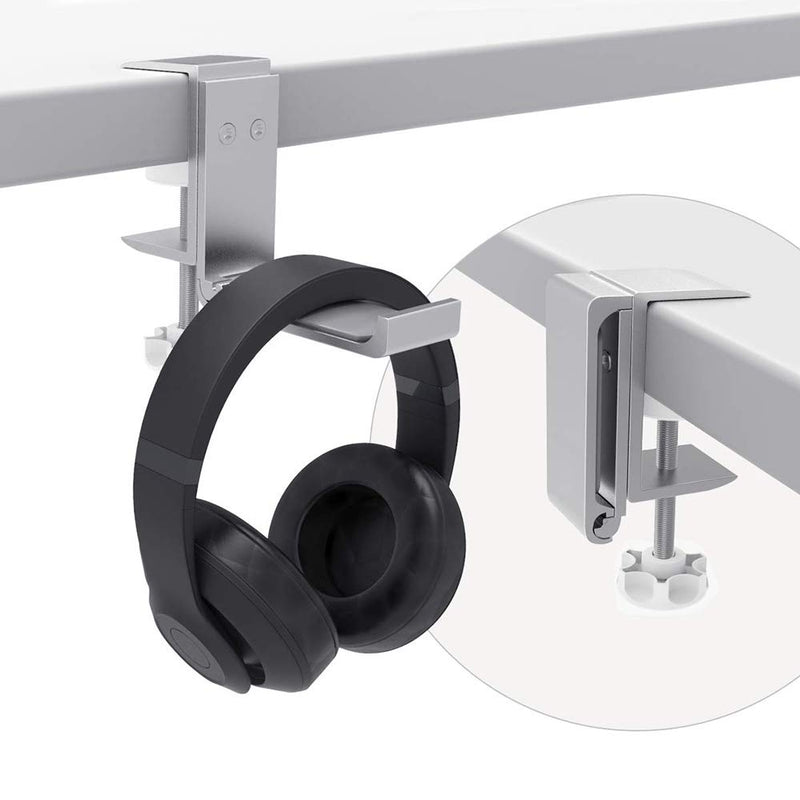 Desktop Headphones Headset Holder Mount Hook Stand, Foldable Under Desk Earphone Holder with Adjustable Clamp, PS4 PC Gaming Headphone Hanger sliver