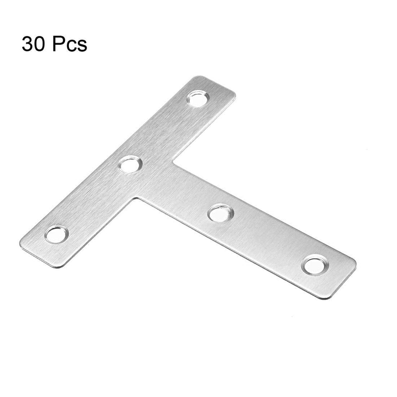 uxcell Flat T Shape Repair Mending Plate, 80mmx80mm, Stainless Steel Joining Bracket Support Brace, Pack of 30