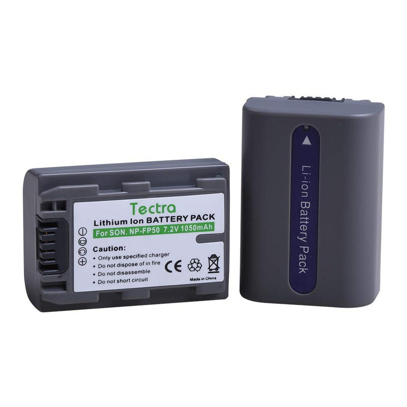 Tectra 2Pcs 1050mAh NP-FP50 Battery + LCD USB Charger for Sony NP-FP30 NP-FP60 NP-FP70 NP-FP71 Batteries; Sony DCR-HC30 40 43E 65 85 94E 96 DCR-SR30 40E 50E 60E 70E 80E 100 Cameras