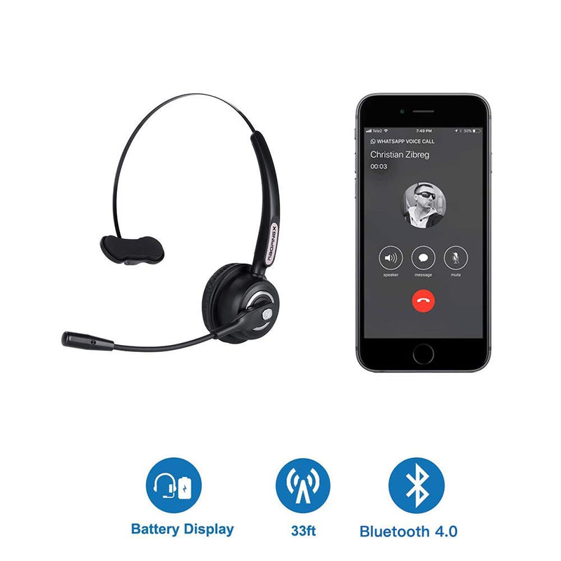 Trucker Bluetooth Headset with Microphone, Wireless Headphone with Microphone, Wireless Cell Phone Headset On Ear Design for Home Office Call Center Skype