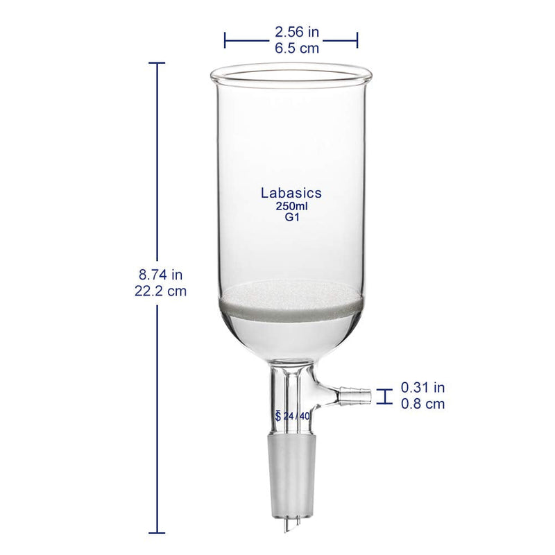 Labasics Borosilicate Glass Buchner Filtering Funnel with Coarse Frit (G1), 65mm Inner Diameter, 100mm Depth, with 24/40 Standard Taper Inner Joint and Vacuum Serrated Tubulation (250ml) 250 ml