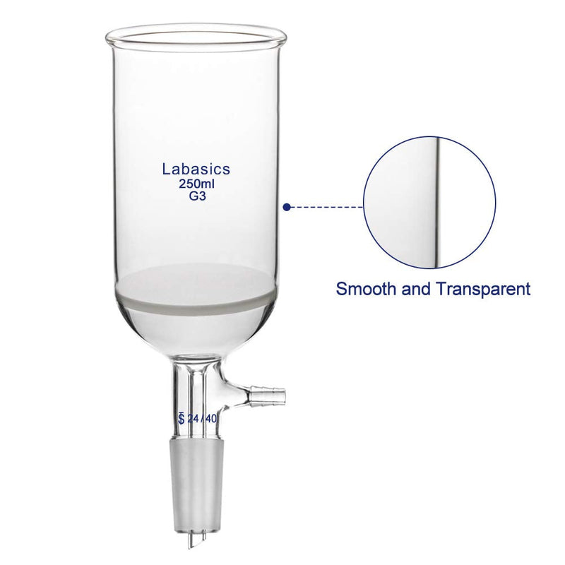Labasics Borosilicate Glass Buchner Filtering Funnel with Fine Frit (G3), 65mm Inner Diameter, 100mm Depth, with 24/40 Standard Taper Inner Joint and Vacuum Serrated Tubulation (250ml) 250 ml