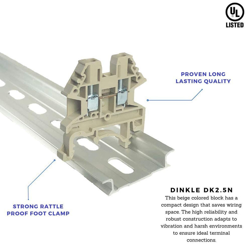 Dinkle DK2.5N DIN Rail Terminal Block Beige Screw Type UL 600V 20A 12-22AWG, Pack of 50