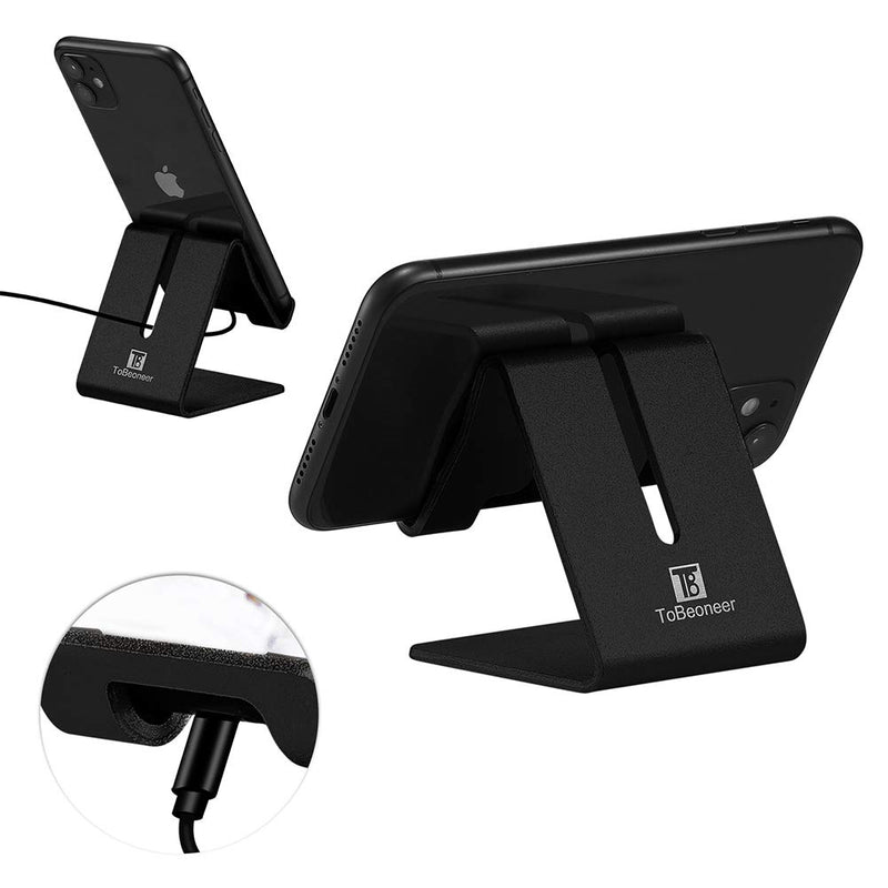 Desk Cell Phone Stand Holder - ToBeoneer Aluminum Desktop Solid Universal Desk Stand for All Mobile Smart Phone Tablet Huawei iPhone X 8 7 6 Plus 5 Ipad 3 4 Ipad Mini Samsung Home Office Decor (Black) Black