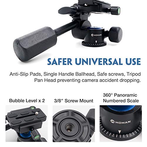 Moman Tripod Fluid Drag Pan Head with Handle and 1/4 Quick Release, Lightweight 3-Ways Panning Ball Head with 22 lb Payload for Tripod Monopod, Slider, DSLR Cameras and Light Stands