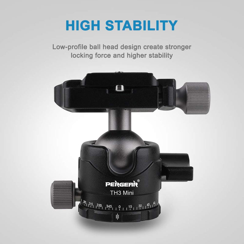 Pergear TH3 Mini DSLR Camera Tripod Ball Head, Aluminum Alloy Build Quality, 10kg/ 22 lbs Payload, Weight Only 194g/6.84oz, Free Rotation Ball Head