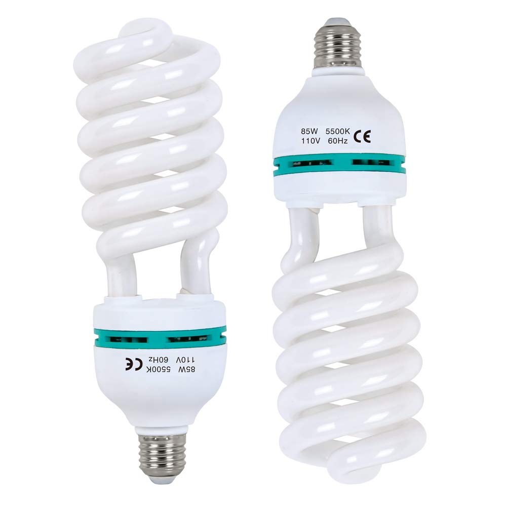 Aqirui 2 x 85W Light Bulb 5500K CFL Daylight Spiral Softbox Bulb in E27 Socket for Photography Photo Video Studio Lighting
