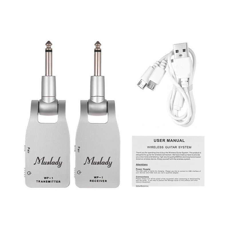 [AUSTRALIA] - Muslady Guitar System Transmitter & Receiver 2.4G Wireless Built-in Rechargeable Lithium Battery 30M Transmission Range for Electric Guitar Bass (Silver) Silver 