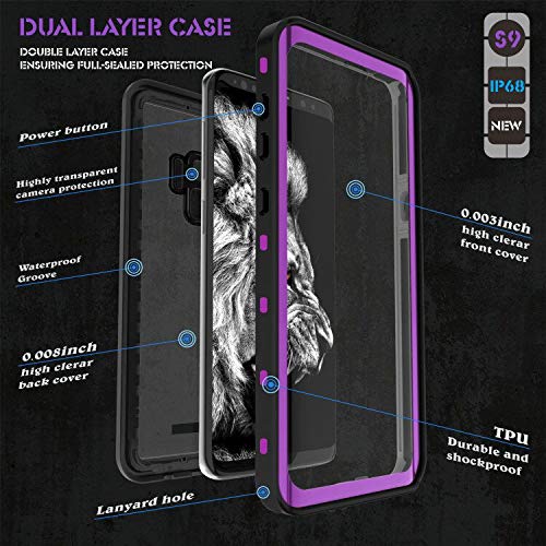 AMORNO Galaxy S9 Waterproof Case, Waterproof Shockproof Dustproof Dirtproof Full Body Case Built in Screen Protector with Touch ID for Samsung Galaxy S9 (Purple) Purple