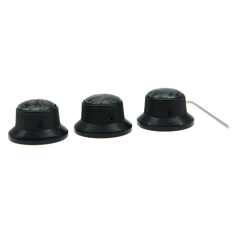 KAISH Set of 3 Set Screw Abalone Top Black Guitar Bass Knobs Strat Metal Knobs for 6mm Shaft Pots