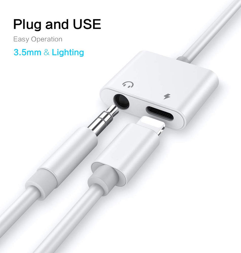 2 Pack Lightning to 3.5mm Headphones Jack Adapter for iPhone, [Apple MFi Certified] 2 in 1 Charger + Aux Audio Splitter Dongle Adapter for iPhone 12/11/XS/XR/X/8/7/iPad/iPod Support All iOS System