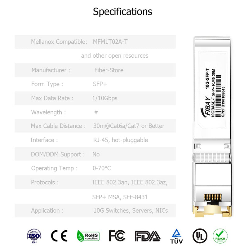 10GBase-T SFP+ Transceiver 30m Copper RJ-45 Cat6a/7 Mini-GBIC 10G SFP+ to RJ45 Module for Mellanox MFM1T02A-T Netgear D-Link TP-Link 10GBASE-T: 30m