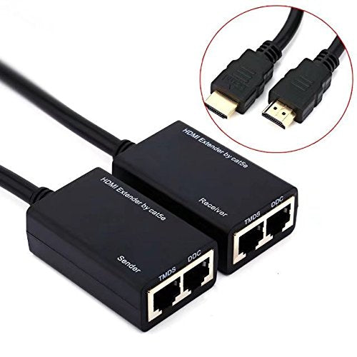 Paddsun HDMI Extender Over RJ45 CAT5e CAT6 LAN Ethernet Network Balun Adapter Repeater Up to 100ft 1080P HDMI Cable(30M Sender + Receiver, 2 Ports RJ45)