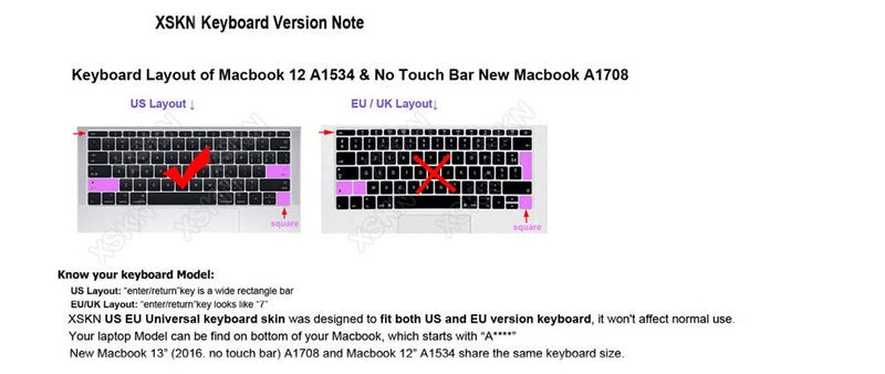 XSKN Shortcut MAC OS X Keyboard Skin Cover for Apple New MacBook Pro 13 (Model A1708, No Touch Bar) & Apple MacBook 12 (Model A1534) (US Layout) US Layout