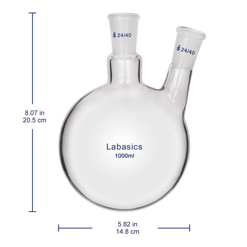 Labasics Glass 1000ml 2 Neck Round Bottom Flask RBF, with 24/40 Center and Side Standard Taper Outer Joint, 1000ml 1000 ml