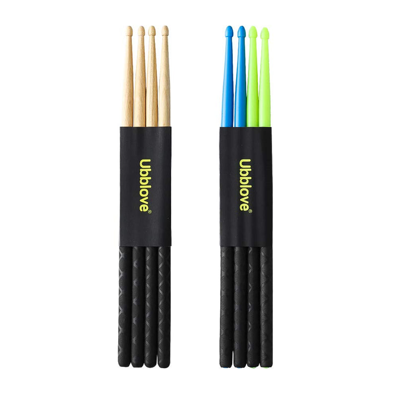 Ubblove Nylon Drumsticks 5A 2 pair with ANTI-SLIP Handles for Drum Light Durable Plastic Exercise 2 Pair Drum Sticks for Kids Adults Musical Instrument Percussion Accessories (Blue and Green) Blue and Green
