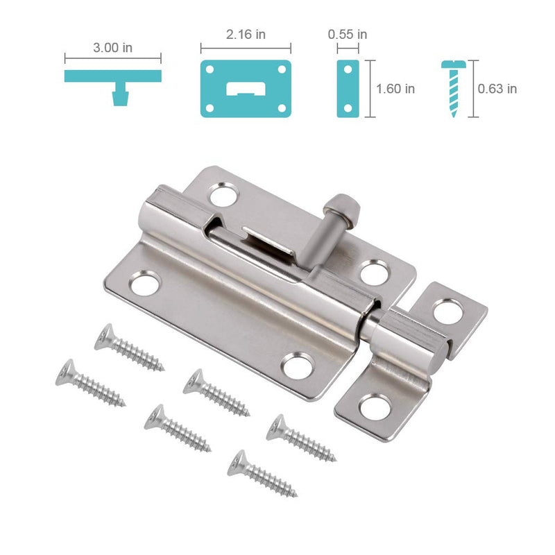 Door Security Slide Latch Lock, 3 inch Barrel Bolt with Solid Heavy Duty Steel to Keep You Safe and Private, Brushed Nickle Finish Door Latch Sliding Lock with 12 Screws (Silver- 2 Pack) Silver- 2 Pack